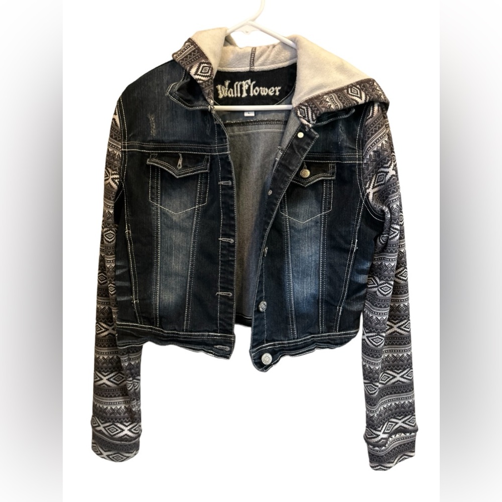 Wallflower Black Denim Jacket with Patterned Knit Sleeves
